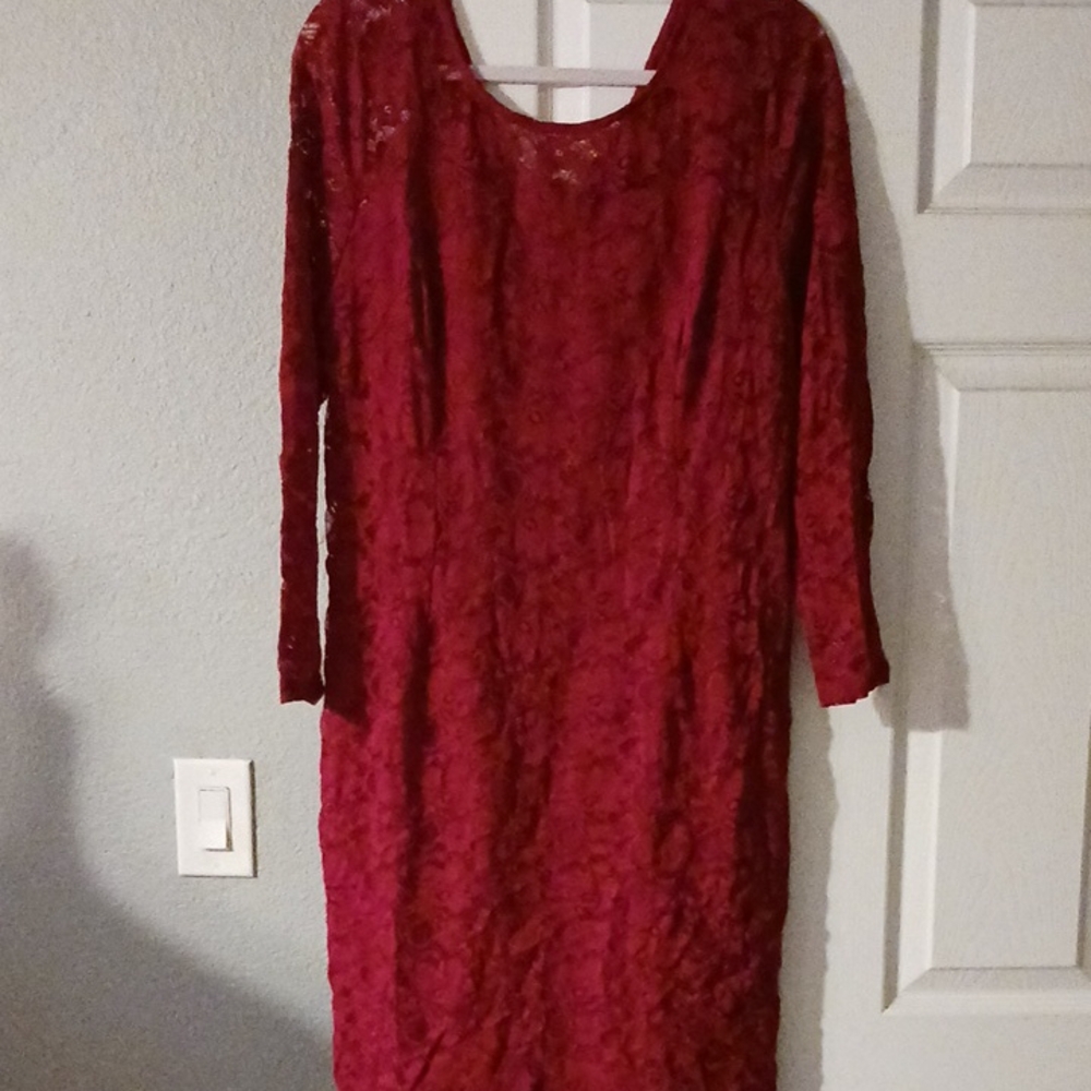 Elegant Deep Red sheath dress with long sleeves midi length for cocktail